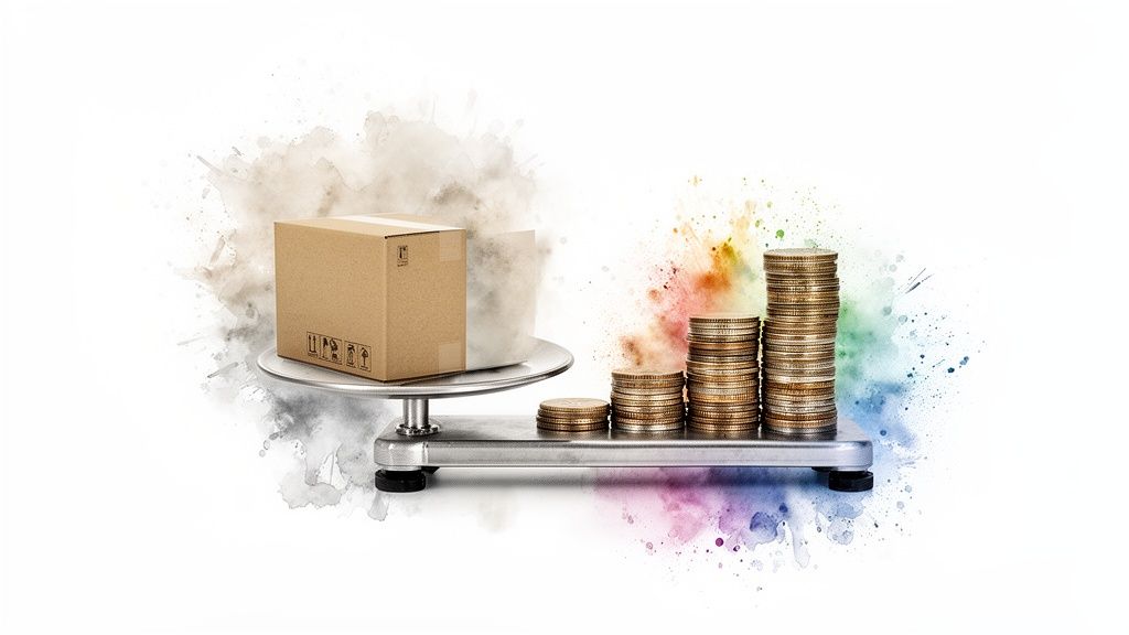 Balance avec un carton sur un plateau et des piles de pièces de monnaie sur l'autre, symbolisant le coût ou la valeur.