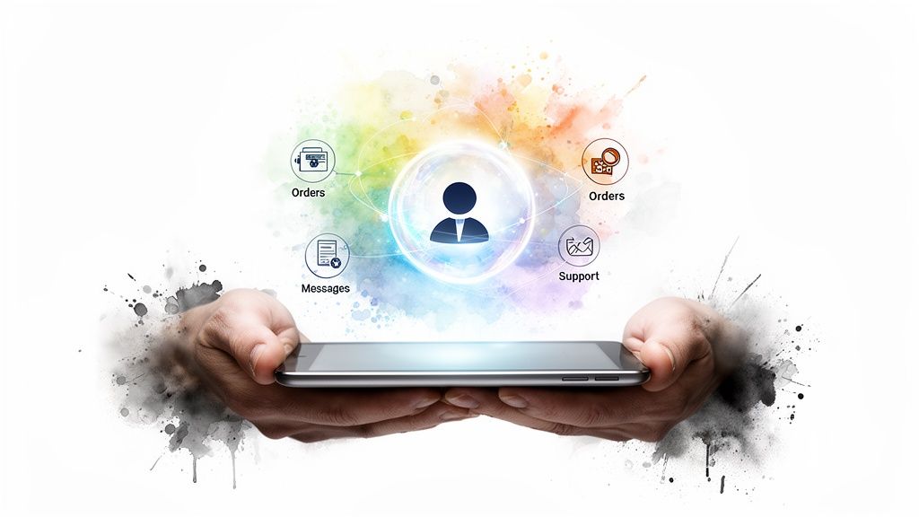 Mains tenant une tablette affichant un centre utilisateur entouré d'icônes de commandes, messages et support client.