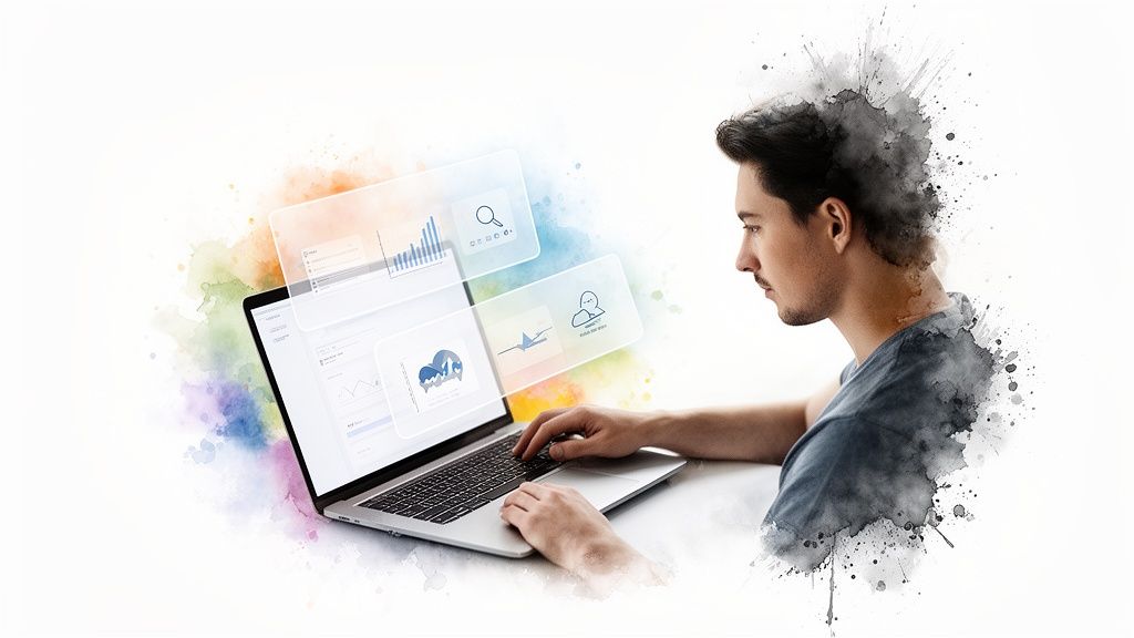 Jeune homme utilisant un ordinateur portable affichant des visualisations de données et graphiques en surimpression, effet aquarelle.