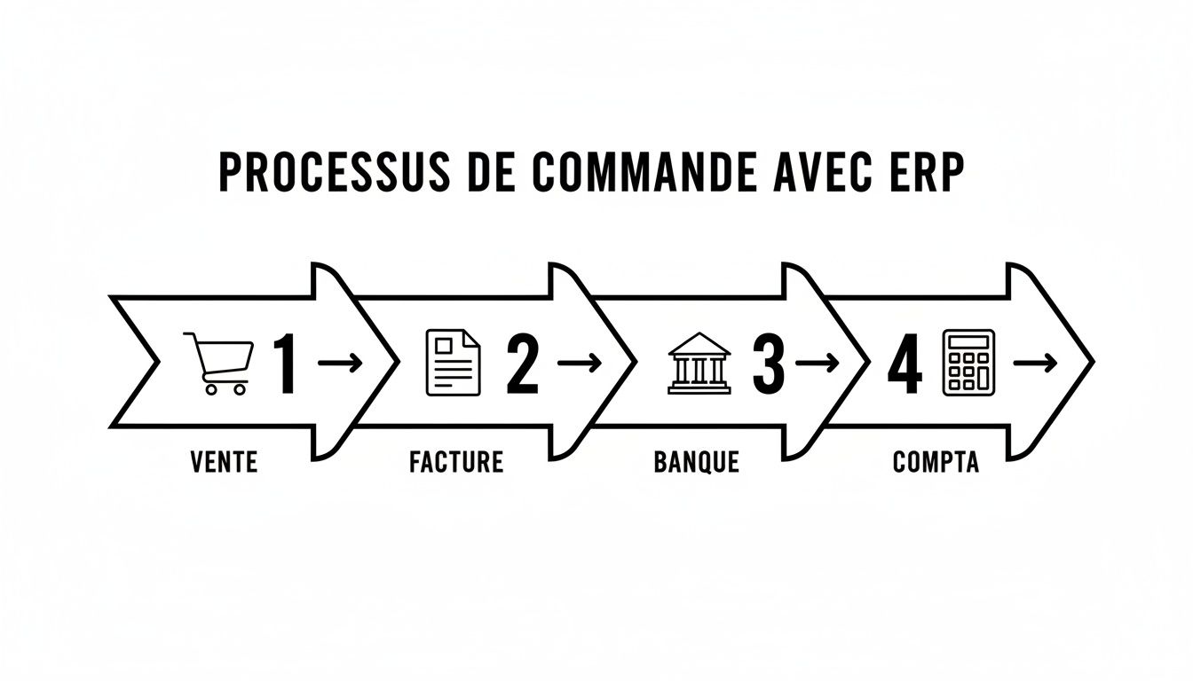 Diagramme illustrant le processus de commande avec ERP en 4 étapes : vente, facture, banque et comptabilité.