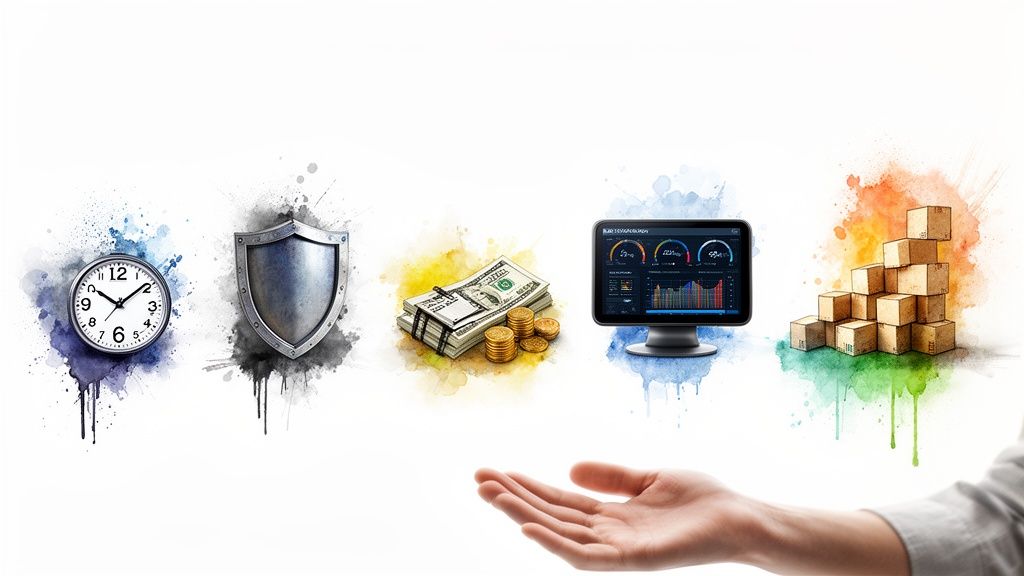 Main tendue vers des symboles d'entreprise: temps, sécurité, finances, analyse de données et logistique.