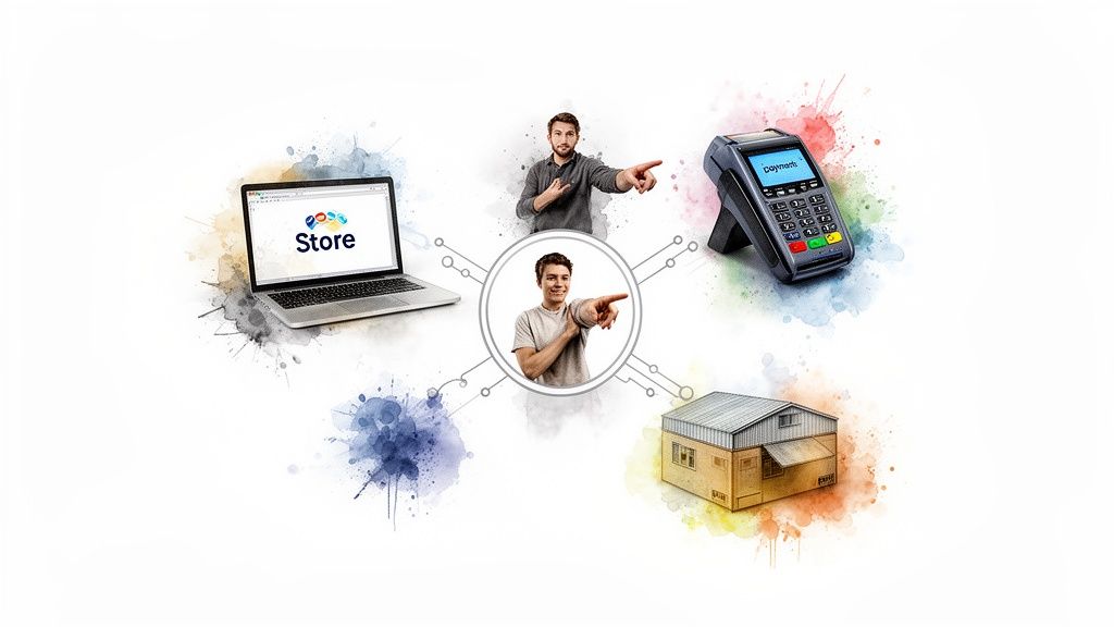 Représentation visuelle d'un système de gestion d'entreprise intégré, incluant e-commerce, paiements et points de vente.