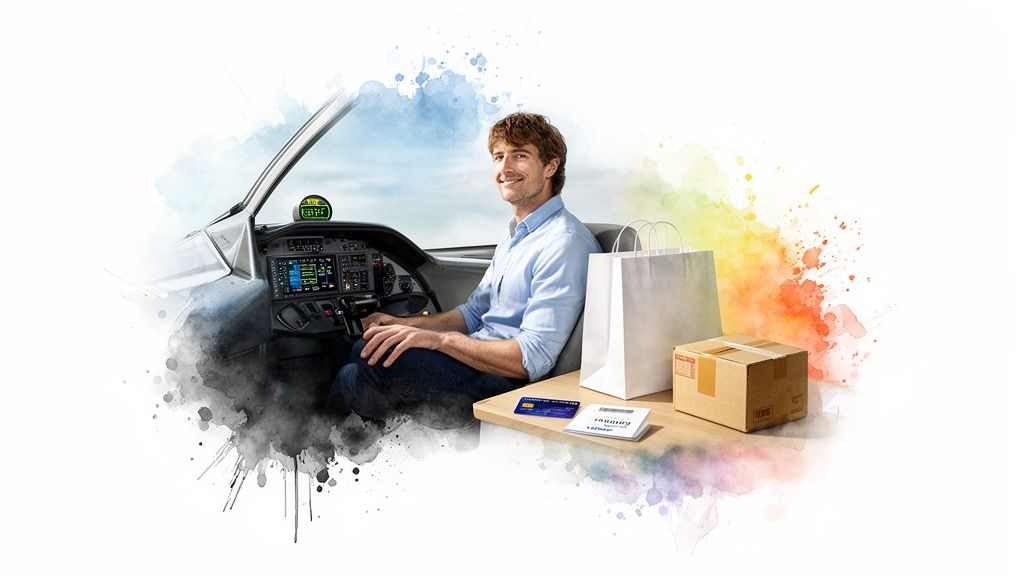Un homme souriant dans un cockpit d'avion avec des achats en ligne et une carte bancaire.