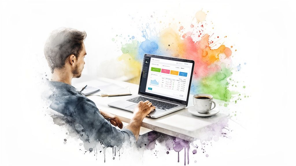 Un homme travaille sur un ordinateur portable, affichant un tableau de bord. Une tasse de café est à côté.