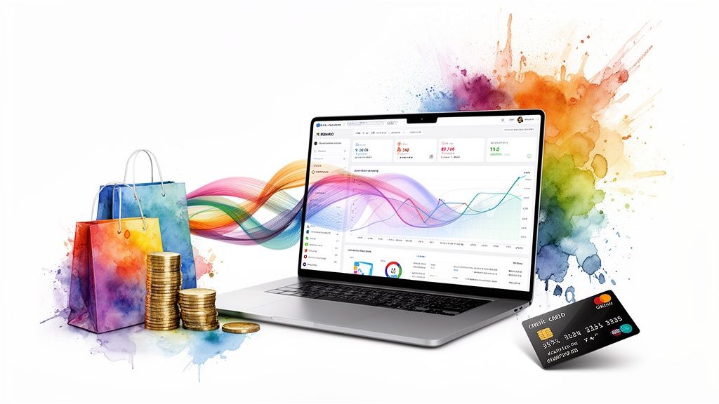 Ordinateur portable avec tableau de bord financier, sacs de courses colorés, piles de pièces et carte de crédit, symbolisant le commerce en ligne.