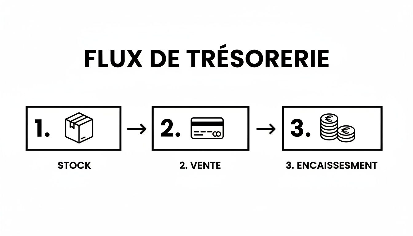 Diagramme illustrant le flux de trésorerie en trois étapes: stock, vente et encaissement des fonds.