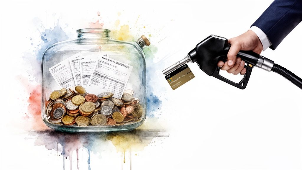 Main tenant une pompe à essence et carte de crédit, près d'une jarre de pièces et reçus, illustrant les dépenses et économies.