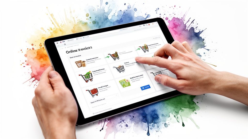 Une personne utilisant une tablette numérique pour consulter une interface de facturation en ligne moderne.