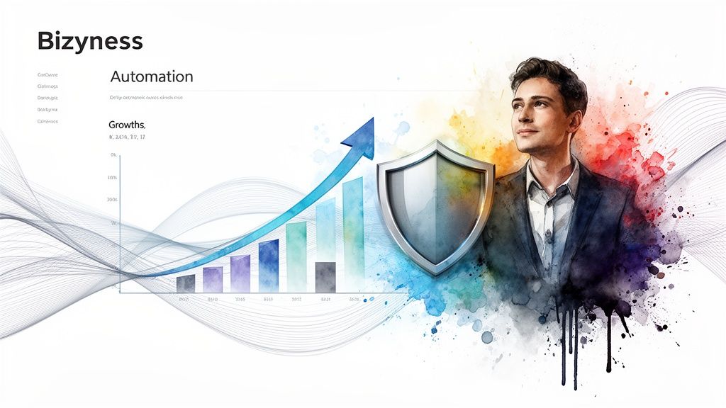 Un homme d'affaires élégant devant un graphique de croissance montrant l'automatisation et la protection des entreprises.