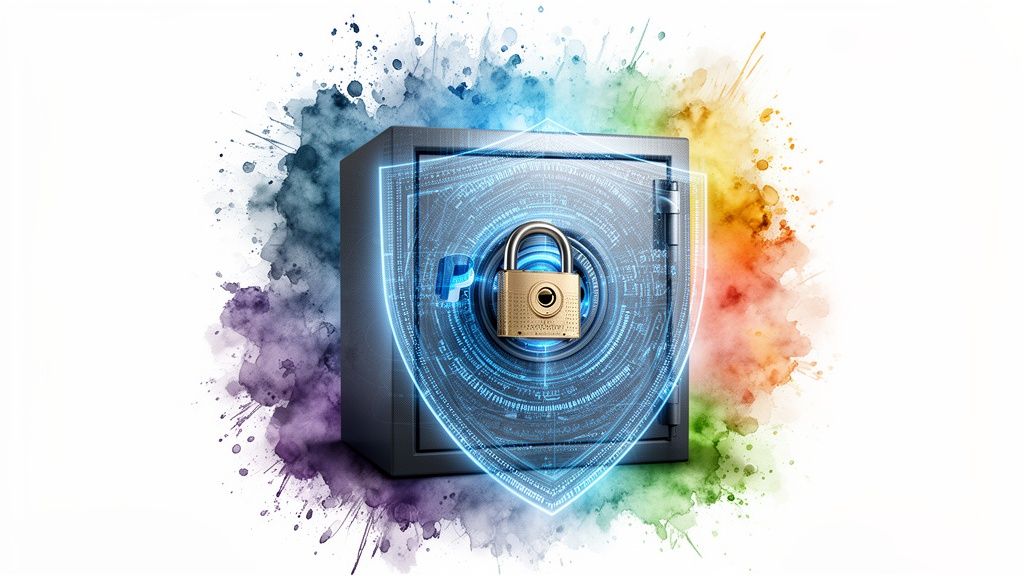 Un coffre-fort sécurisé avec le logo PayPal, entouré d'éclaboussures de peinture colorée et d'un bouclier numérique bleu.