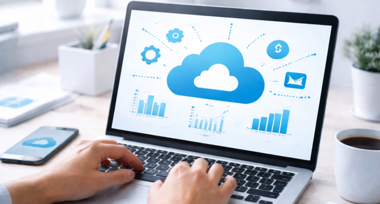 Eine Frau sitzt mit einem Laptop und einer Kaffeetasse an einem Tisch. Im Bild steht der Text: „Buchhaltung in der Cloud – arbeiten, wo Sie wollen.