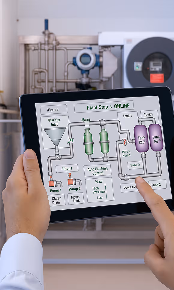 Person holding a tablet displaying a digital interface for plant status monitoring, showing tanks, pumps, filters, and flow controls with status indicators.