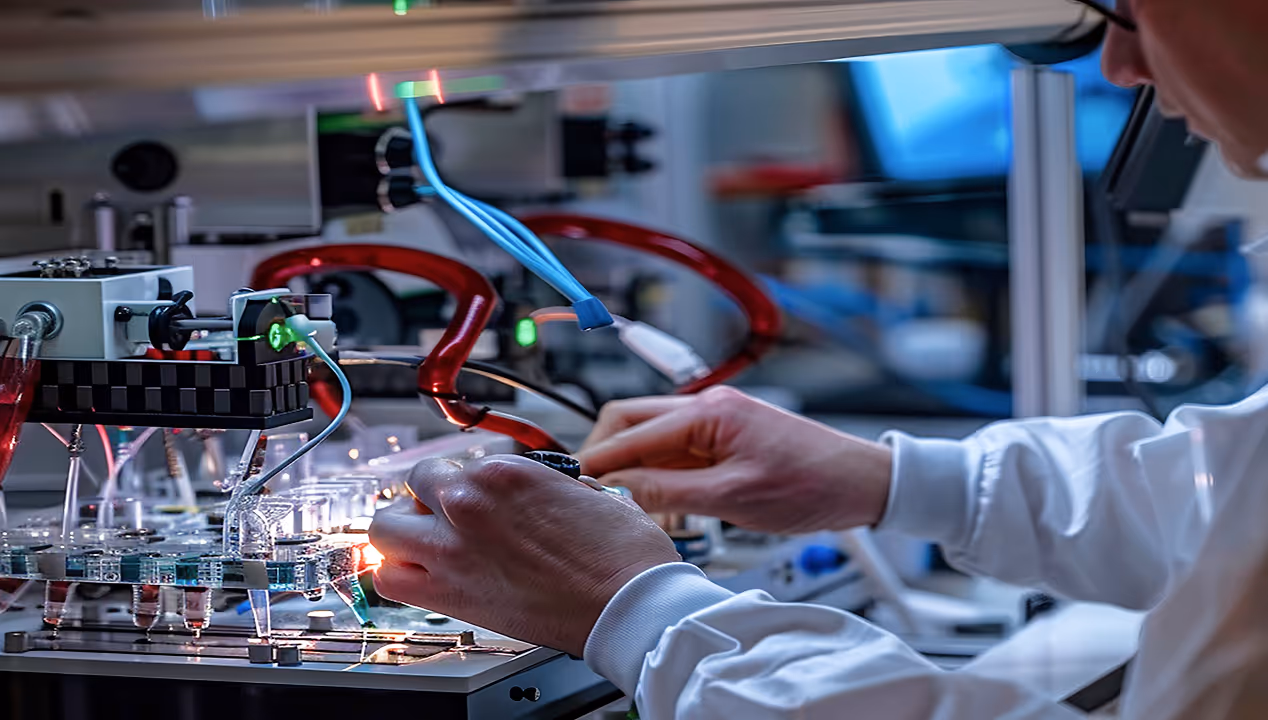 Person operating a laboratory machine with multiple tubes and circuits in a scientific research setting.