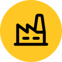 Black factory icon with smokestack inside a yellow circle.