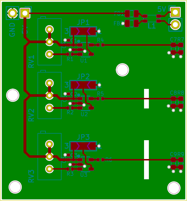 PCB showing the three blocks, with a plane discontinuity in the ground plane for two of the three