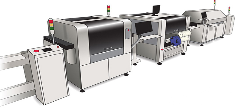 A standard SMT PCB assembly line with a single pick and place machine as the centerpiece
