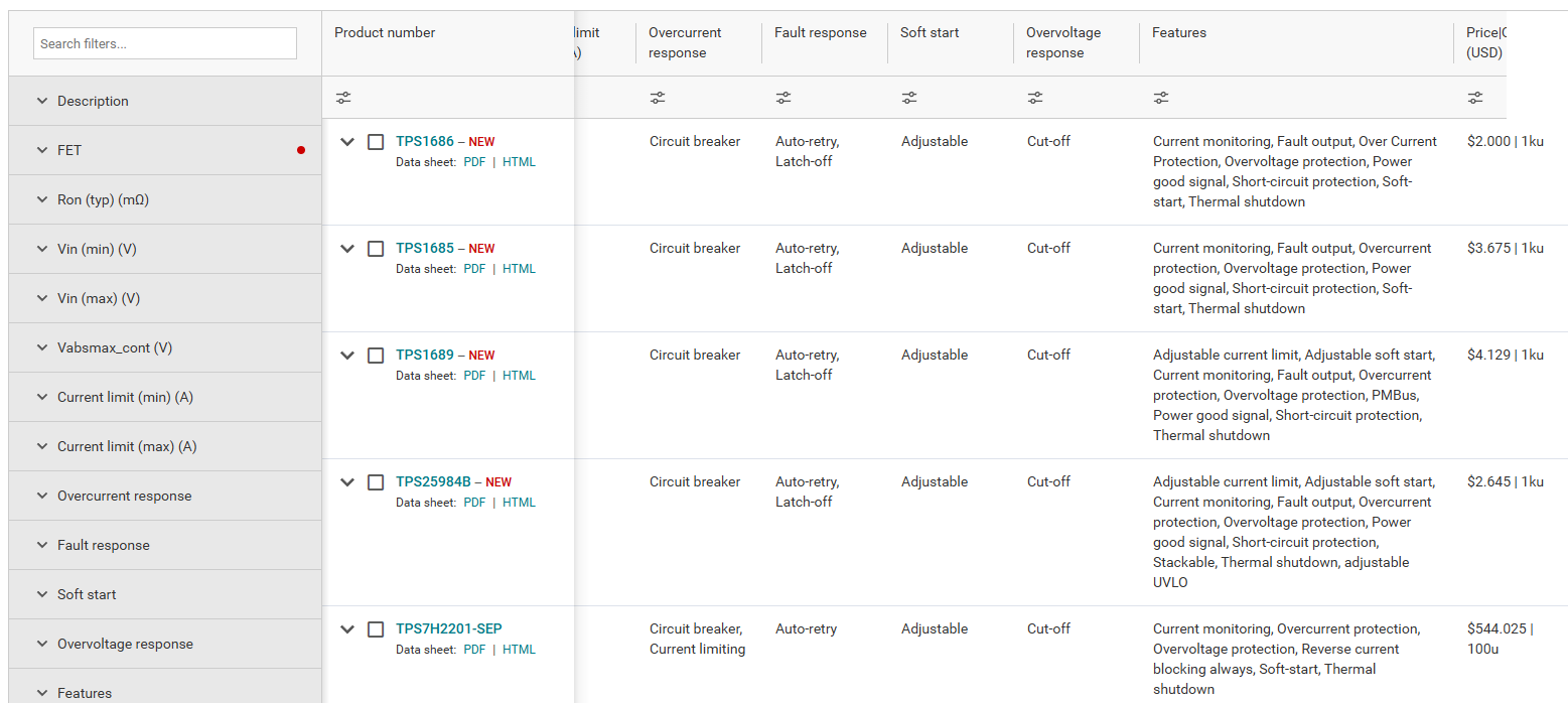 	Screenshot of TI eFuse search tool for selecting circuit protection parts