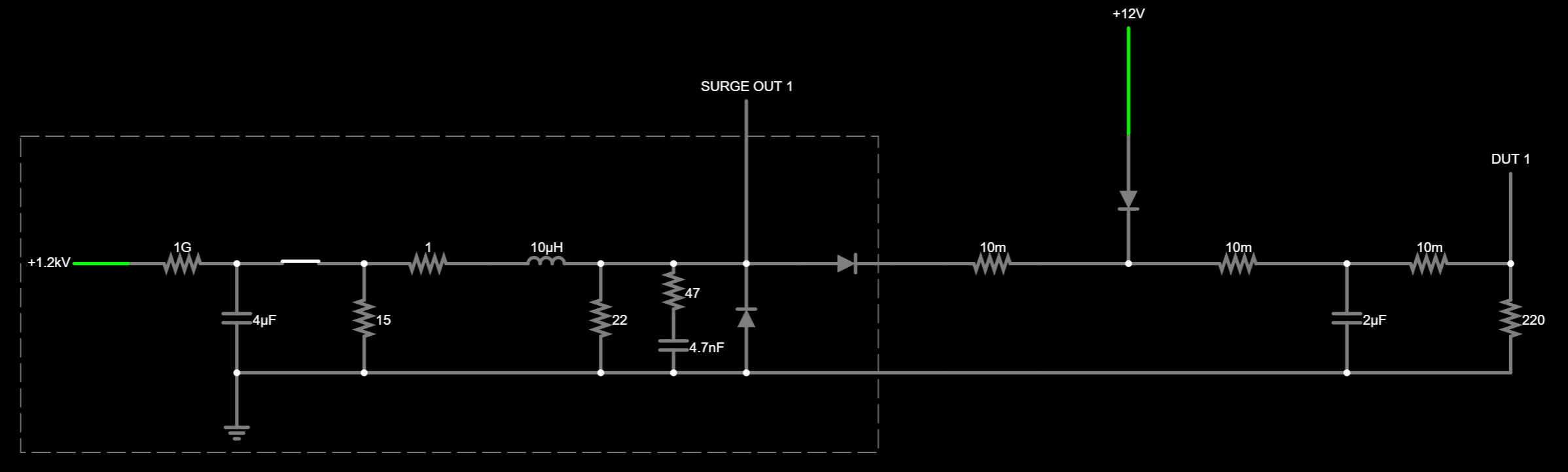 Falstad schematic of the basic DUT circuit showing 12 V supply, decoupling capacitor, and resistive load.
