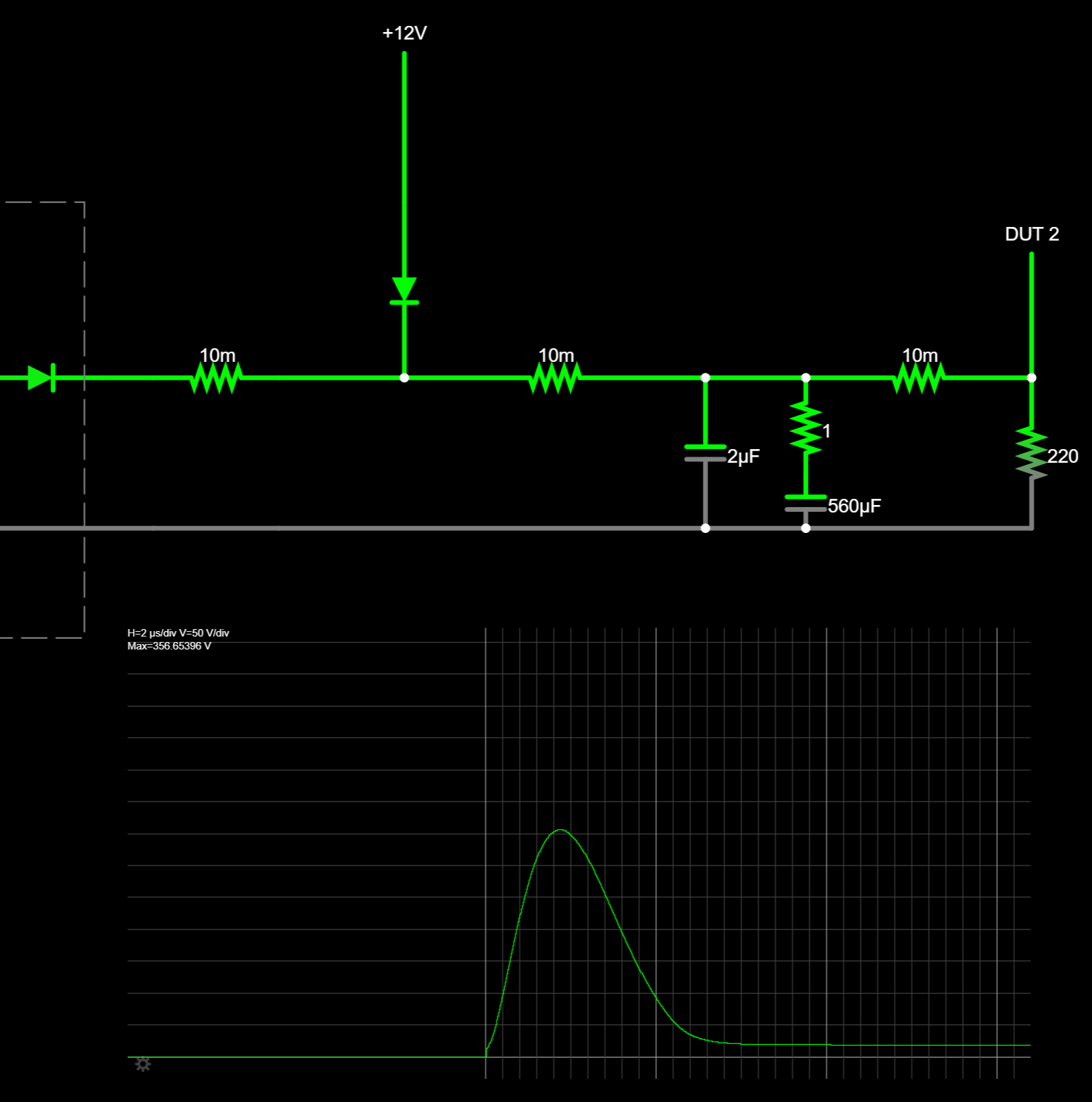 Surge simulation with bulk capacitor reducing peak voltage to ~356 V