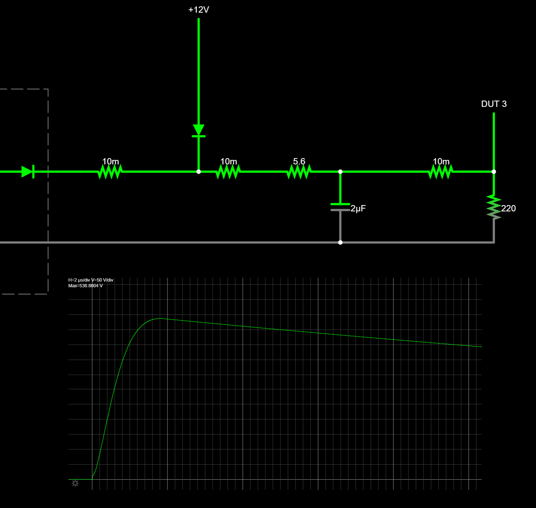 Series resistor extending surge rise time from 1 µs to 15 µs in simulation
