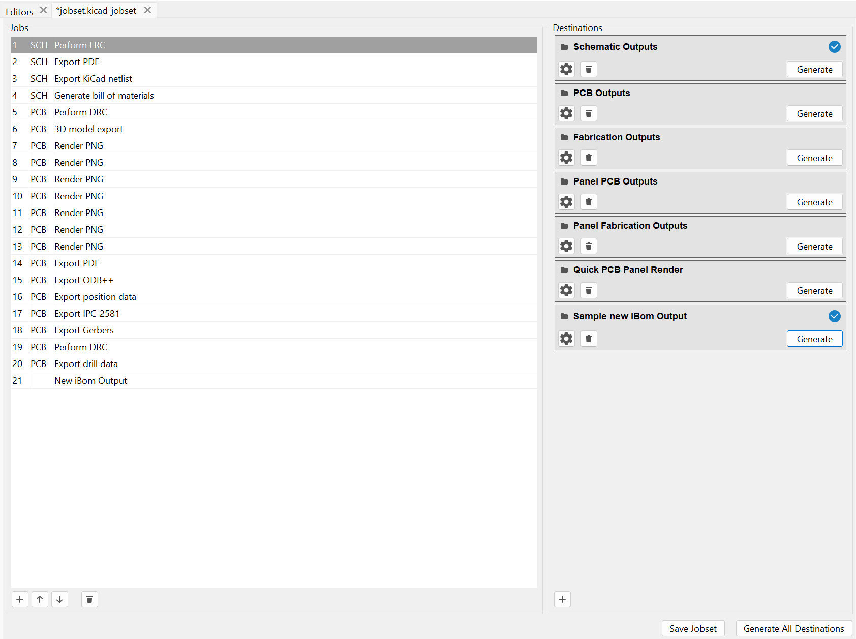 KiCad 9 jobset editor showing jobs list on left panel and destinations list on right panel