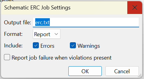 KiCad ERC job settings dialog with output file path and violation severity options