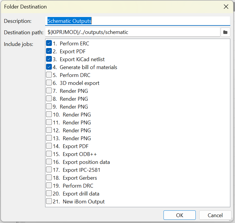 KiCad jobset destination dialog showing output path field and checkboxes to select which jobs to include