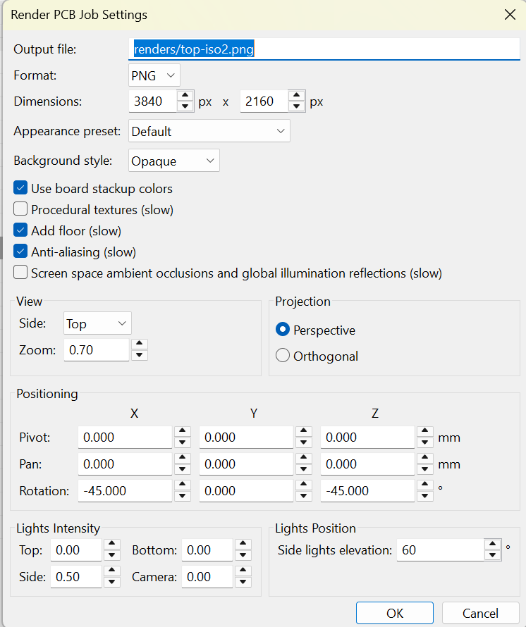 KiCad PCB render job settings with camera position, zoom, lighting, and output format options