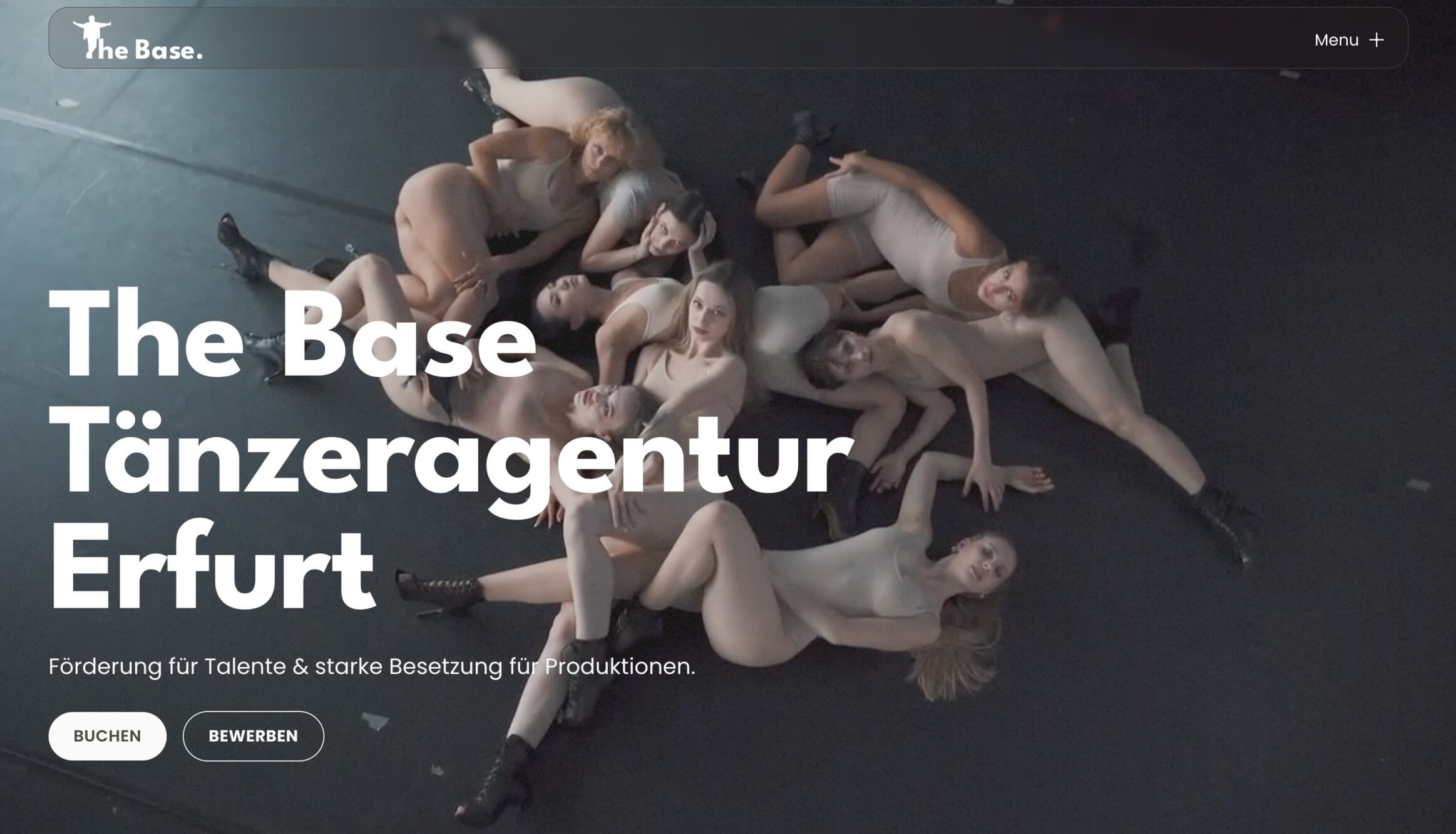 Laptop and smartphone displaying dance-related websites placed on beige geometric platforms with soft shadows.