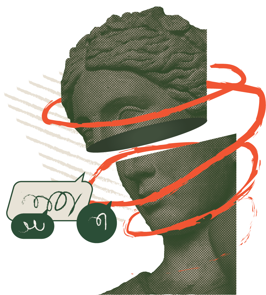 Abstract illustration with a sliced statute, chat icons and hand drawn swirls. 