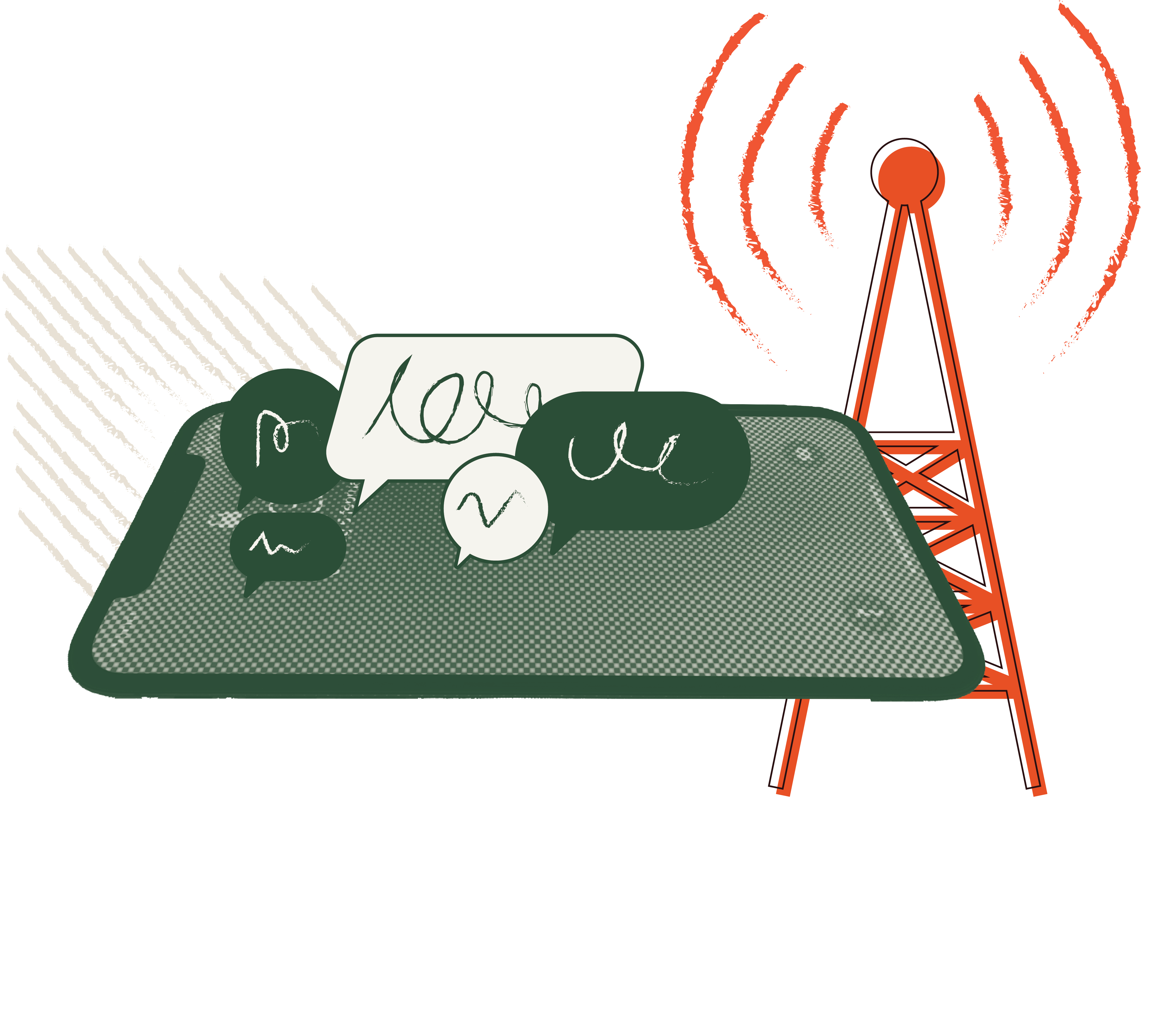 A phone with multiple chat messages, with a tower amplifying the signal.