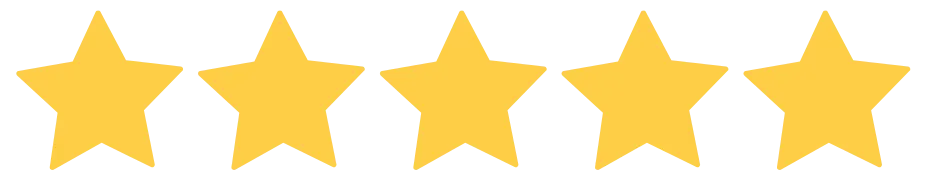 Cinq étoiles jaunes alignées horizontalement sur fond blanc.