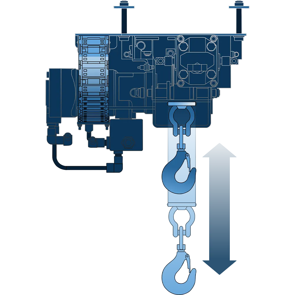 Technical illustration of the Deckenkran — cross-section view by H+B technics