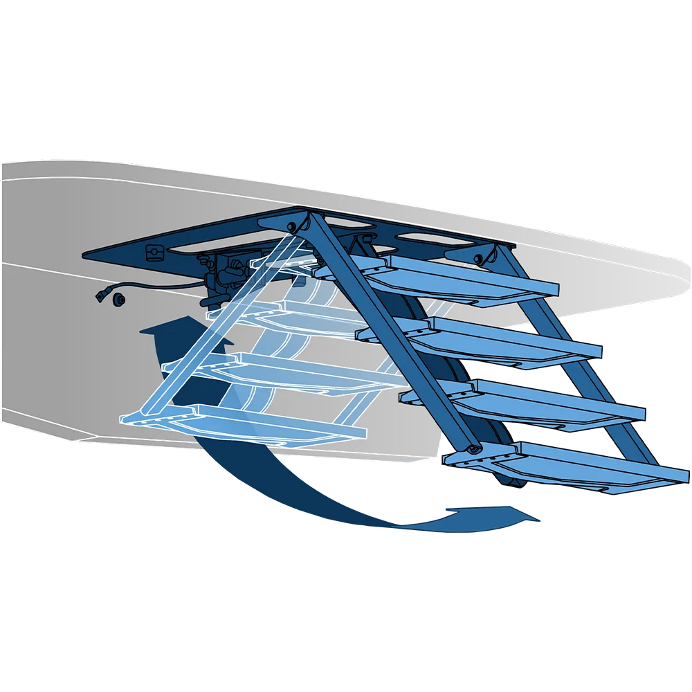 Technical illustration of the Hydraulic Swim Ladder — installation context on yacht stern by H+B technics