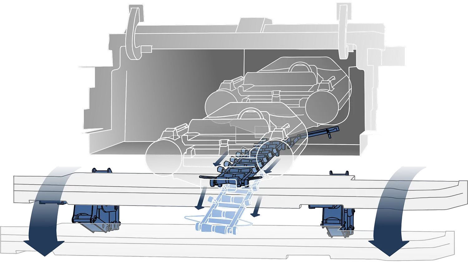 Technical illustration of the motorised launch system with roller track for tender deployment by H+B technics