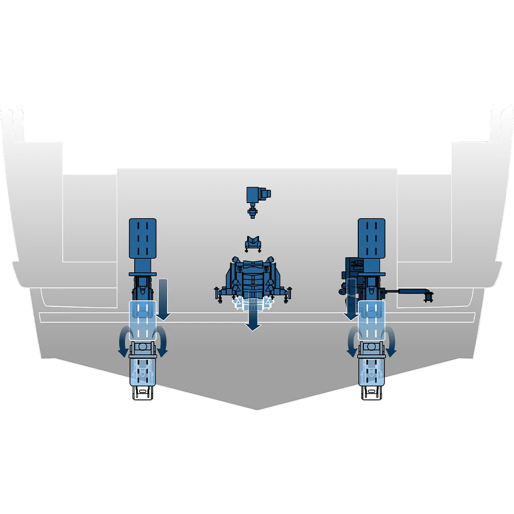 Technical illustration of the Lift / Hinge / Jetski Launch / Tender Launch — cross-section view by H+B technics