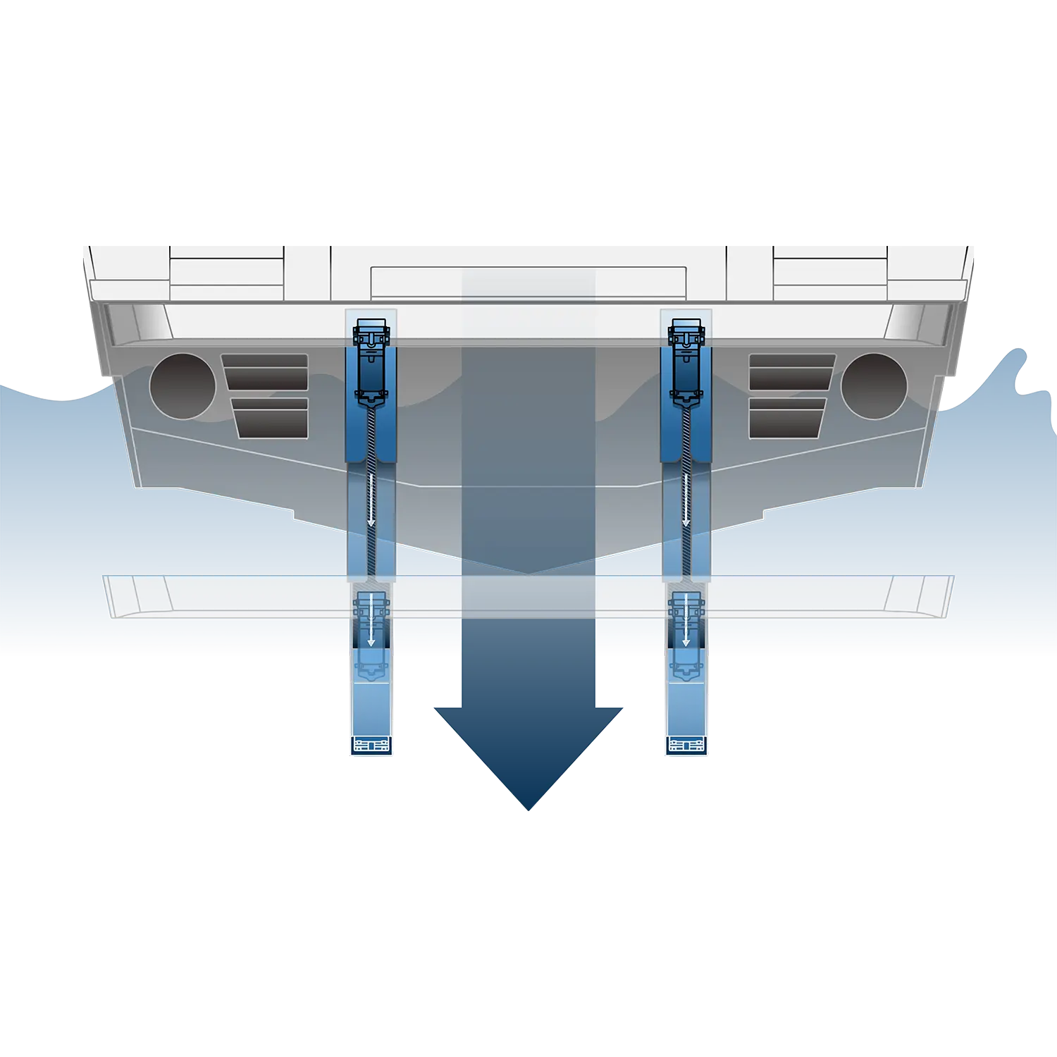 Technical illustration of the Linear Lift System — cross-section view by H+B technics