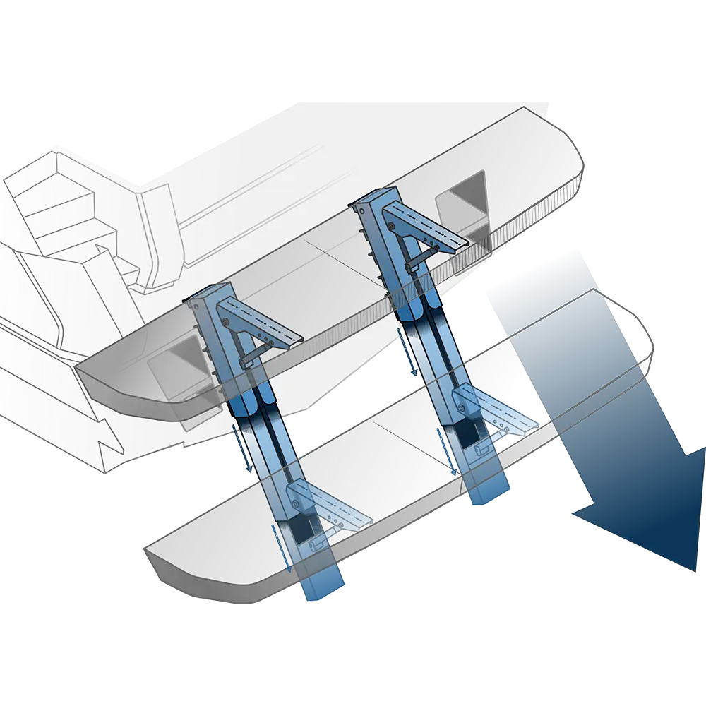 Technical illustration of the Linear Lift System — installation context on yacht stern by H+B technics