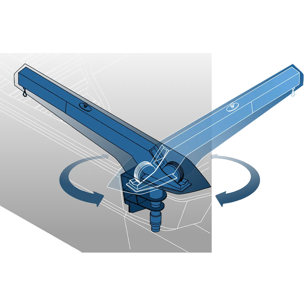 Technical illustration of the Schwenkkran — installation context on yacht stern by H+B technics