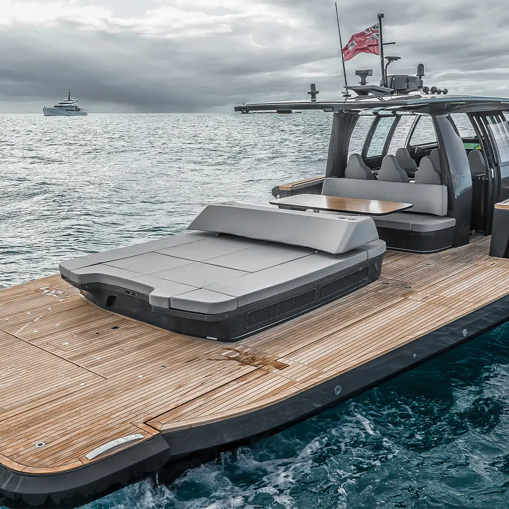 Hydraulic side balcony fully deployed on a yacht, creating additional outdoor deck space