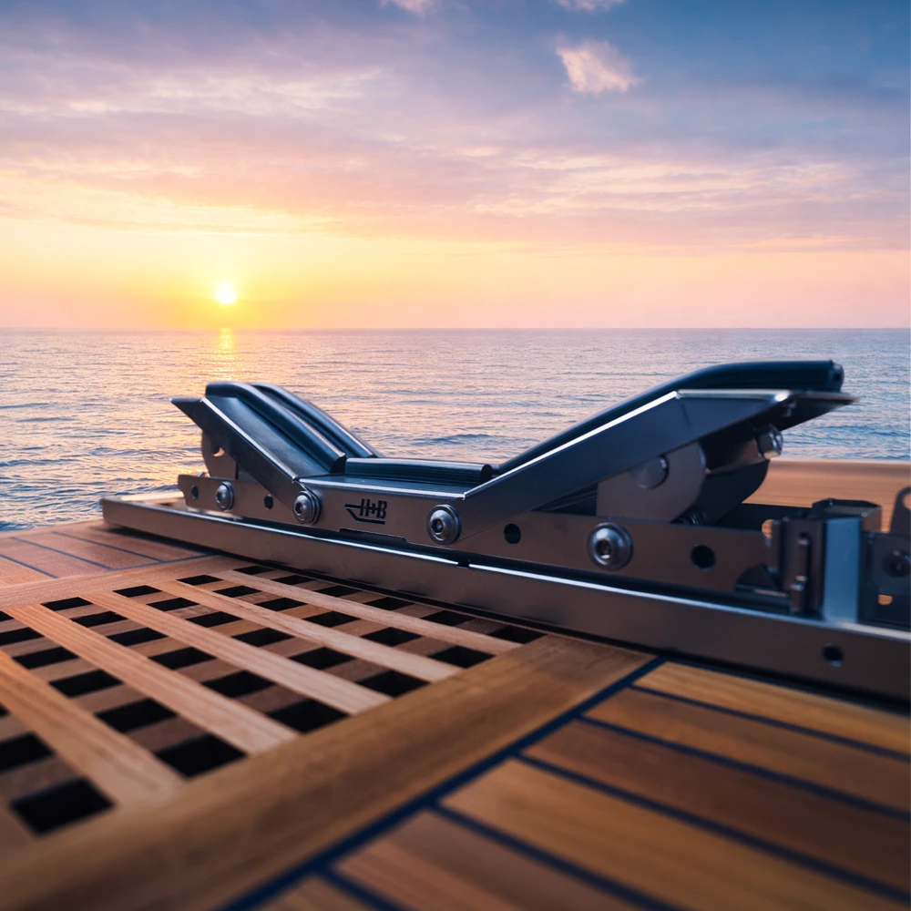 Detail of the stainless steel tender cradle track rail with integrated roller mechanism