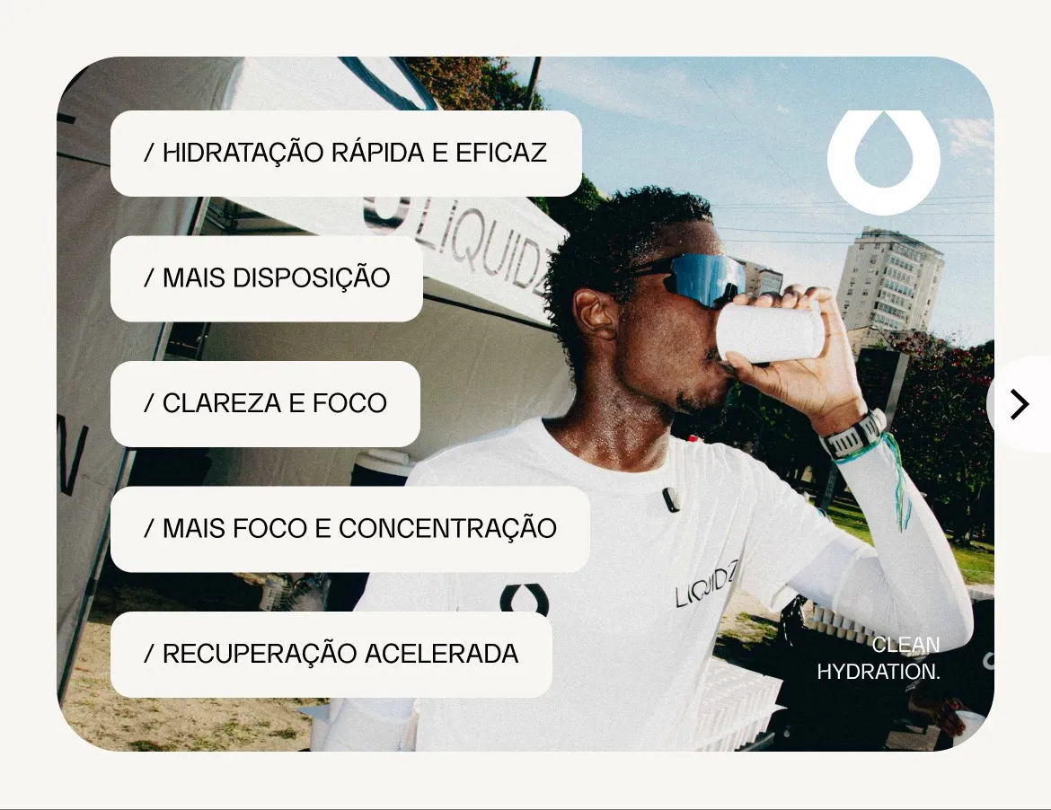 Atleta se hidratando com Liquidz: hidratação rápida e eficaz, mais disposição, clareza e foco, recuperação acelerada