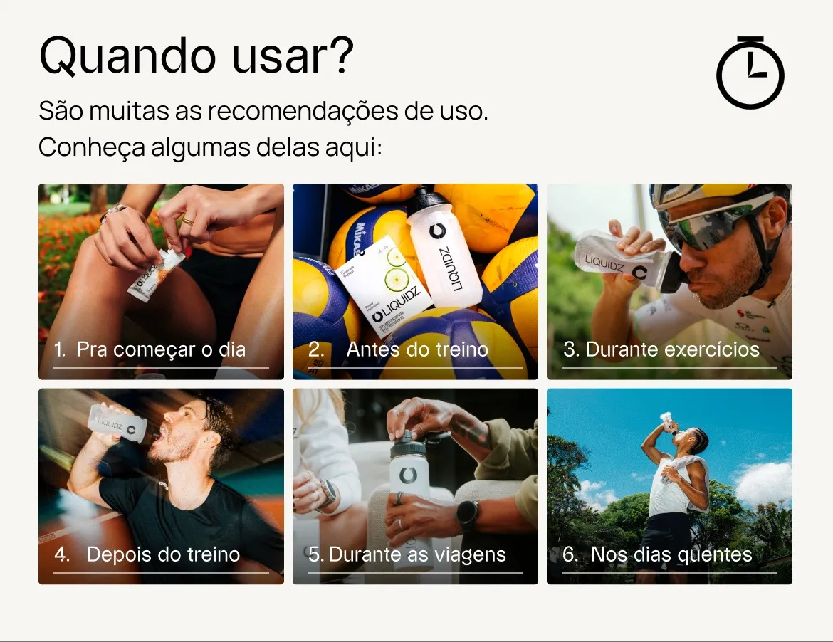 Quando usar: pra começar o dia, antes do treino, durante exercícios, depois do treino, durante as viagens e nos dias quentes