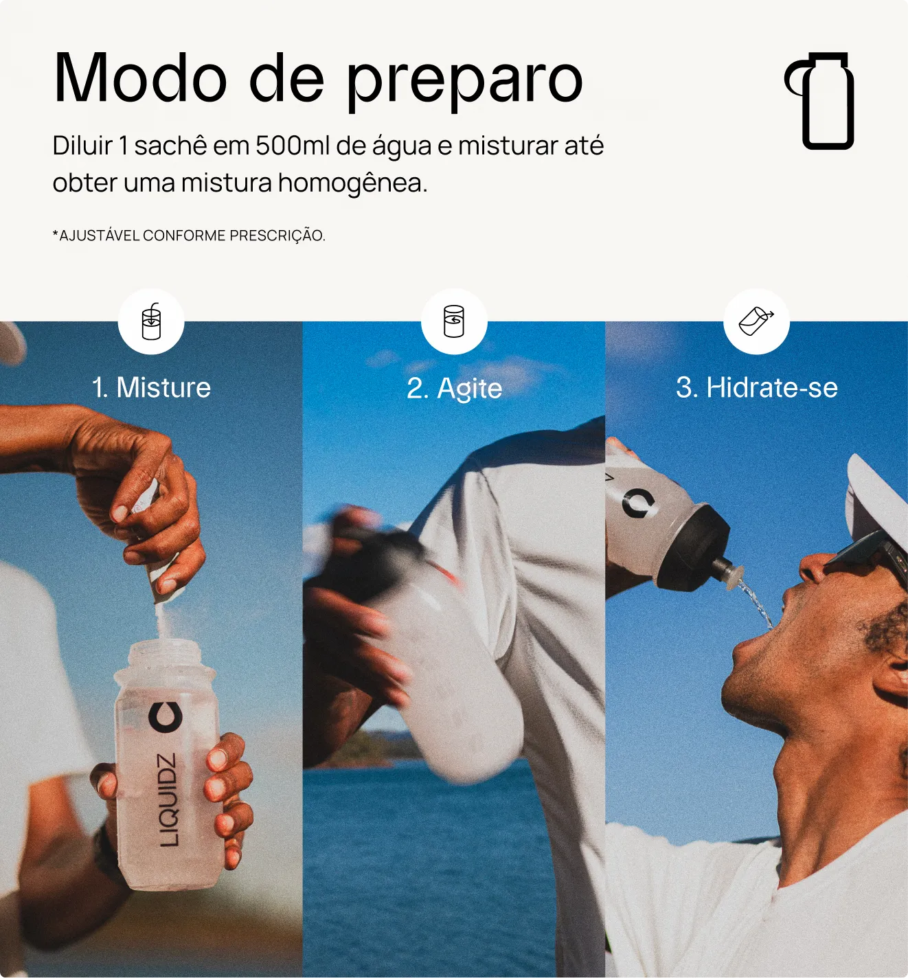 Modo de preparo do LIQUIDZ: 1 misture, 2 agite, 3 hidrate-se. Diluir 1 sachê de eletrólitos em 500 ml de água até obter mistura homogênea