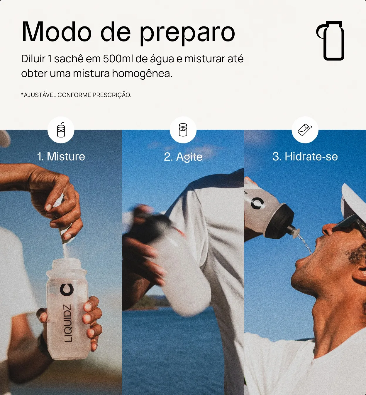 Modo de preparo: 1 misture, 2 agite, 3 hidrate-se. Diluir 1 sachê em 500 ml de água e misturar até obter uma mistura homogêsnea