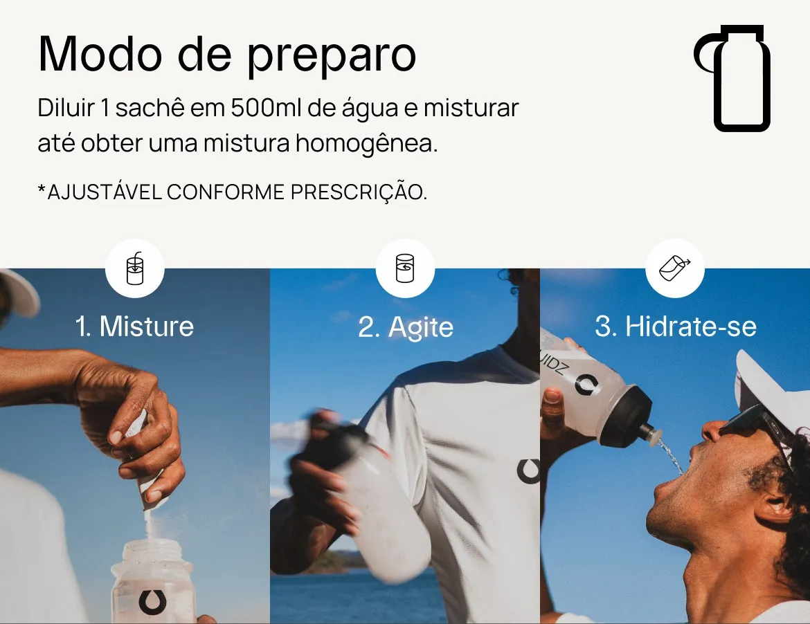 Modo de preparo: 1 misture, 2 agite, 3 hidrate-se. Diluir 1 sachê em 500 ml de água e misturar até obter uma mistura homogêsnea