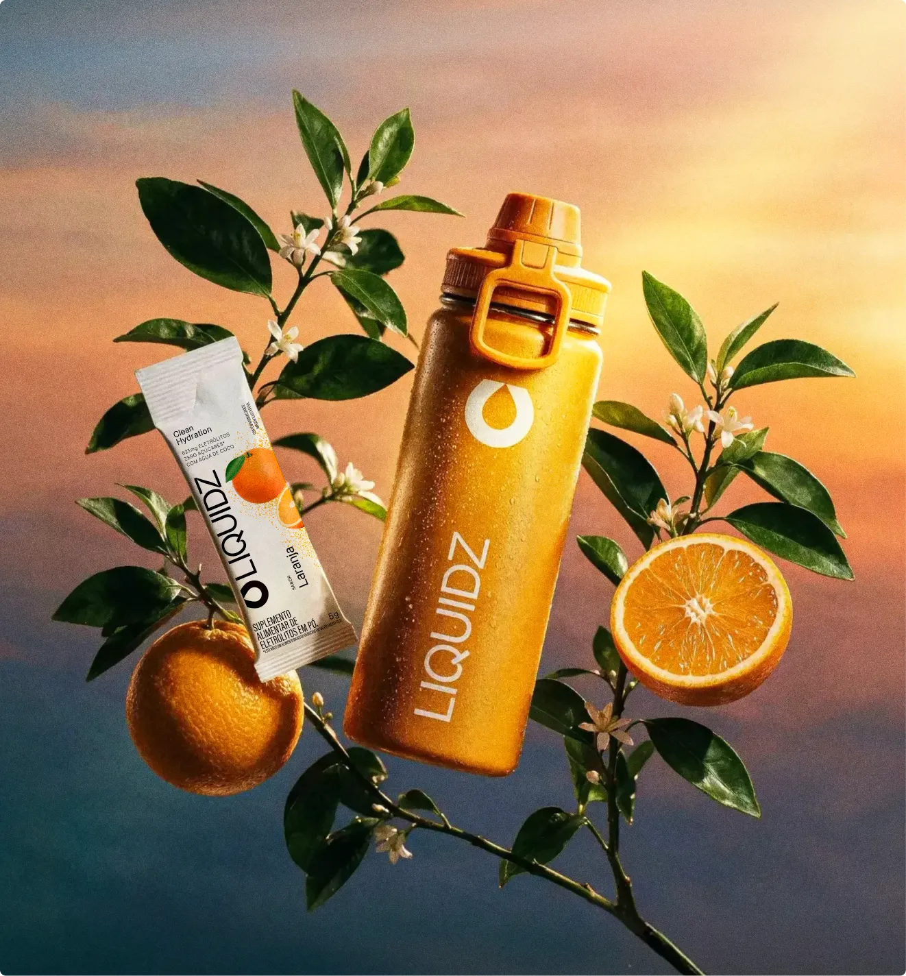 Garrafa e sachê de LIQUIDZ Laranja entre laranjas e flores de laranjeira