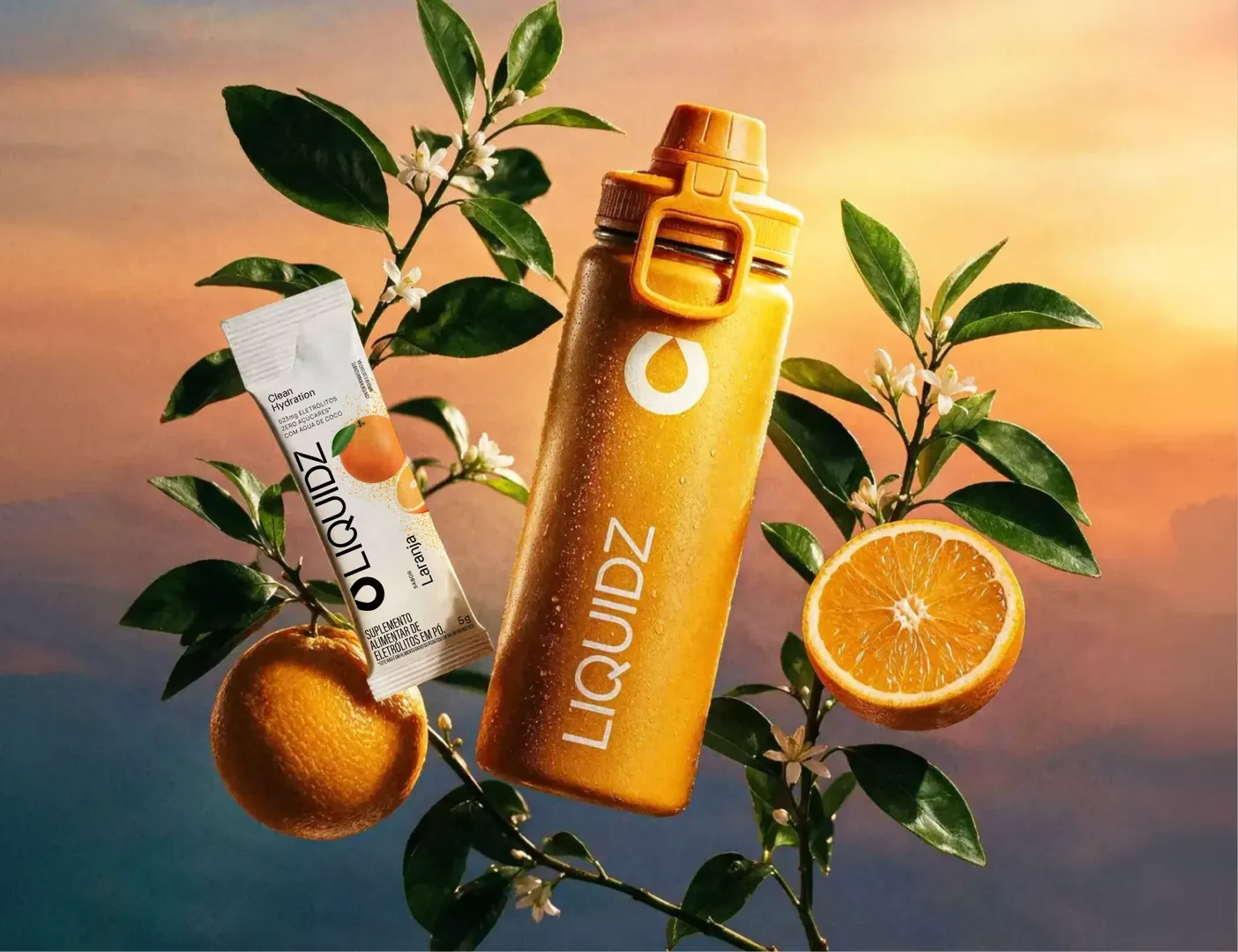 Garrafa e sachê de LIQUIDZ Laranja entre laranjas e flores de laranjeira