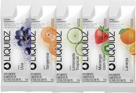 Os 5 sachês de LIQUIDZ do kit degustação