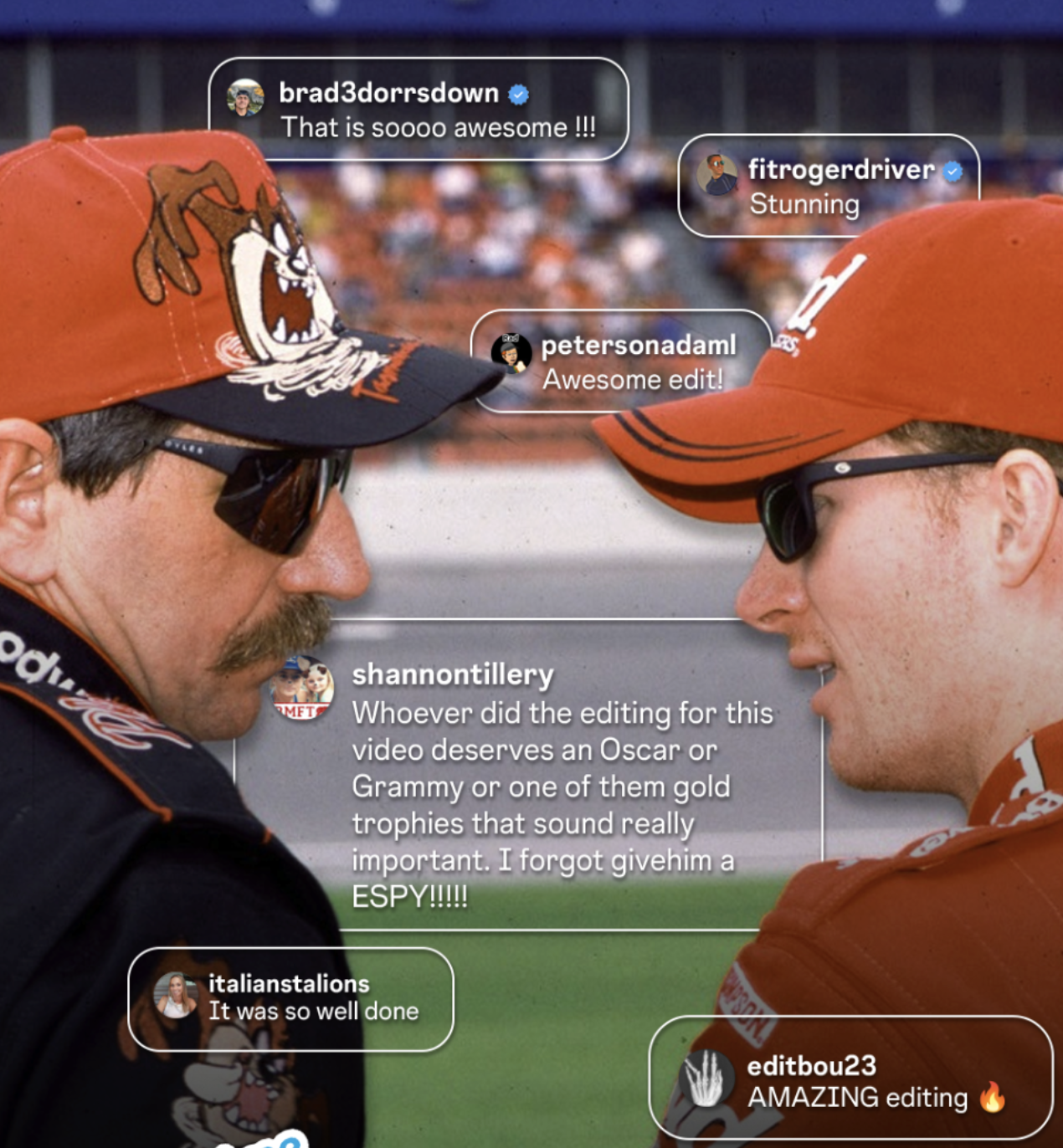 Earnhardt graphic that features a few of the top comments on the VFX video such as "this is soooo awesome", "stunning", "awesome edit", "whoever did the editing for this video deserves an Oscar or Grammy or one of them golf trophies that sound really important"